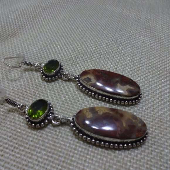Natural "BLOODSTONE AGATE & PERIDOT" Handmade Sterling Dangle Earrings #773A - Picture 1 of 3